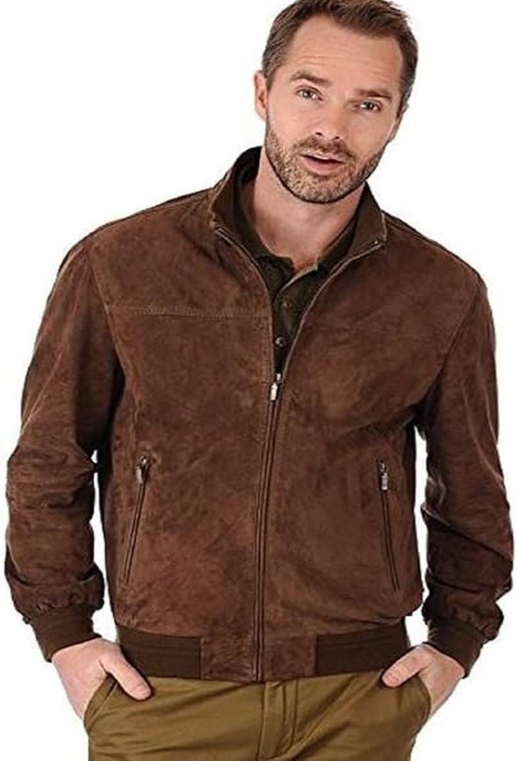 Qawach men's brown genuine leather jacket vintage bomber suede jacket