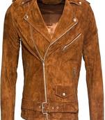 Qawach men's brown genuine suede leather jacket biker zip vintage jacket