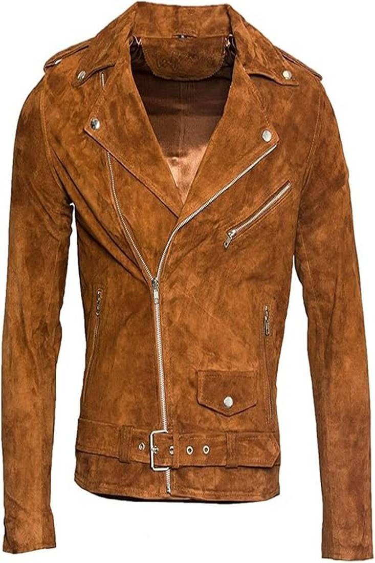 Qawach men's brown genuine suede leather jacket biker zip vintage jacket