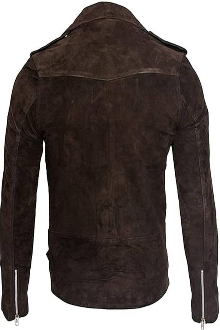 Qawach men's dark brown genuine suede leather jacket biker zip vintage jacket