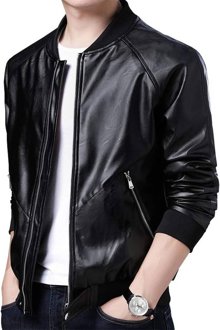 Qawach men's  genuine  leather jacket stylish vintage black bomber jacket