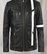 Qawach men's black genuine leather café racer jacket white strip