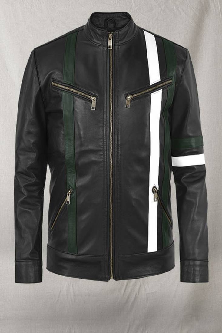 Qawach men's black genuine leather café racer jacket white strip