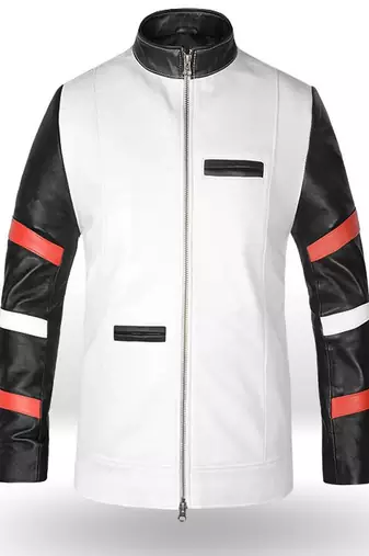 Qawach men's white black genuine leather biker jacket lambskin vintage motorcycle