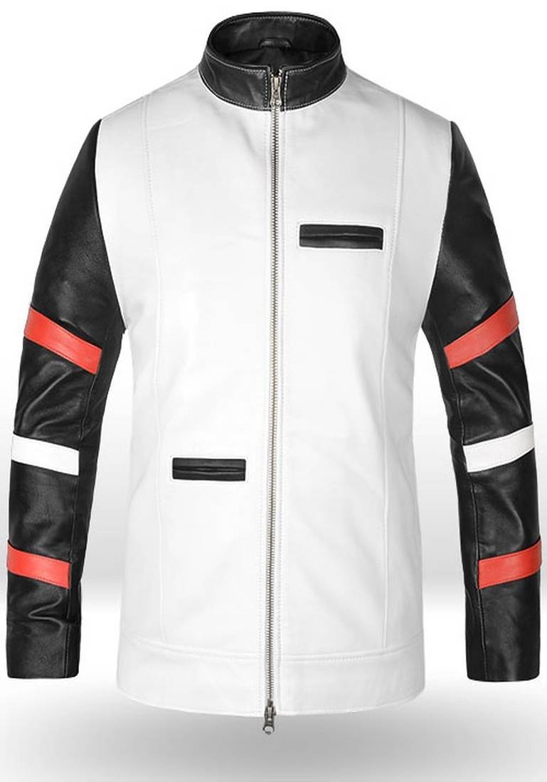 Qawach men's white black genuine leather biker jacket lambskin vintage motorcycle