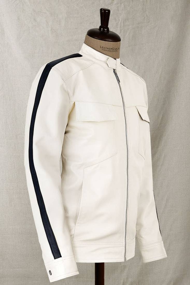 Qawach men's white with black strip genuine leather jacket lambskin vintage pocket