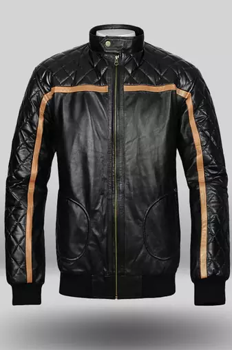 Qawach men's black quilted design leather with copper brown strip vintage jacket