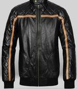 Qawach men's black quilted design leather with copper brown strip vintage jacket