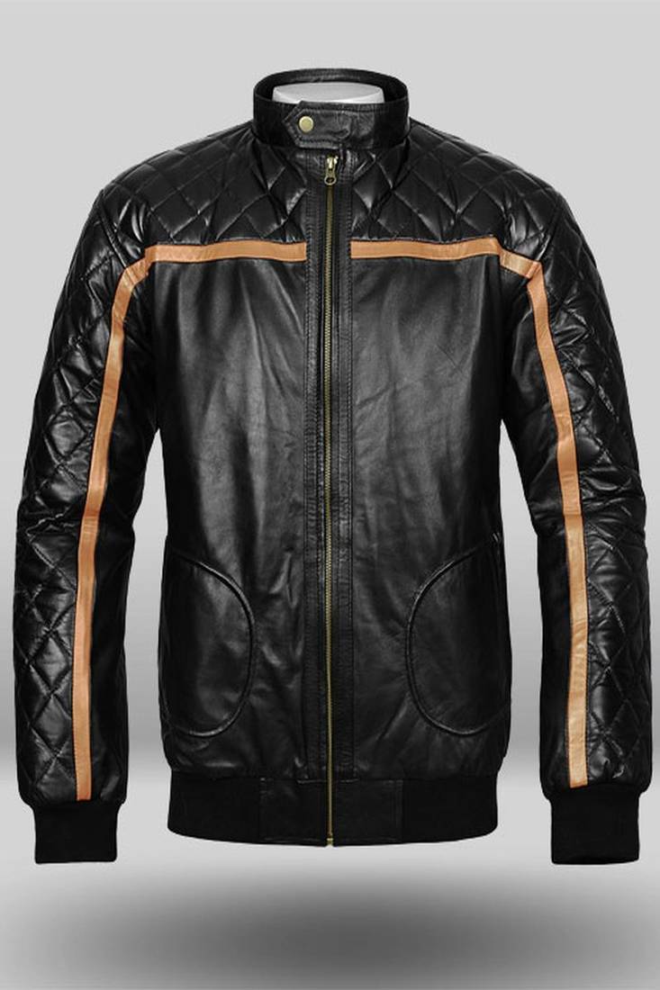 Qawach men's black quilted design leather with copper brown strip vintage jacket