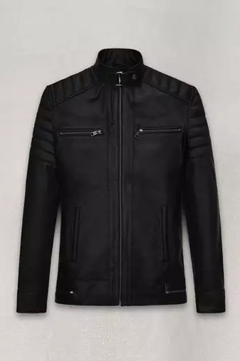 Qawach men's genuine black lambskin quilted design leather cafe racer jacket