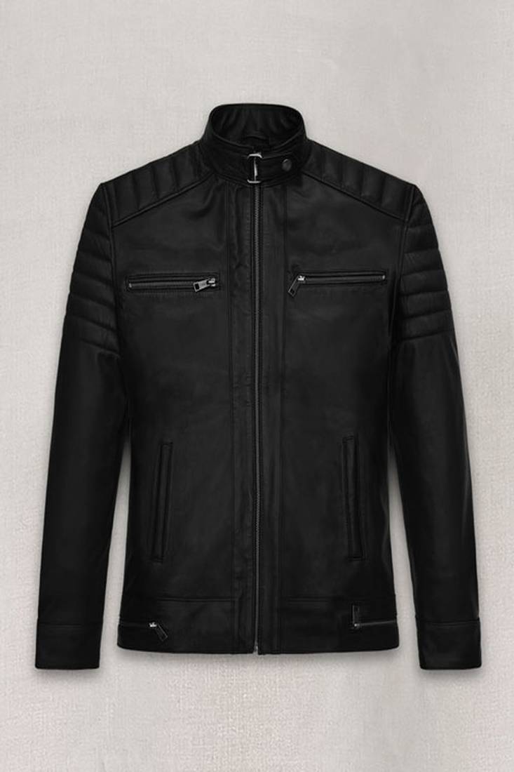 Qawach men's genuine black lambskin quilted design leather cafe racer jacket