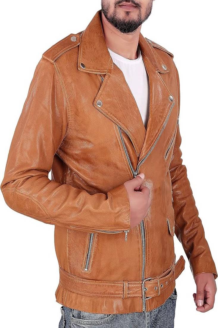 Qawach men's genuine brown lambskin  leather zipper jacket