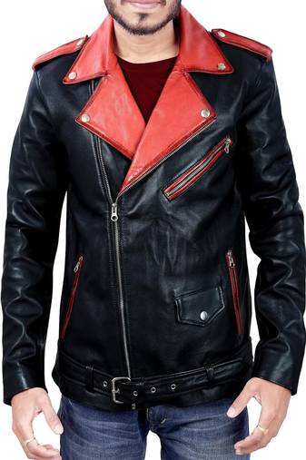 Qawach men's genuine black lambskin leather red collar zipper jacket