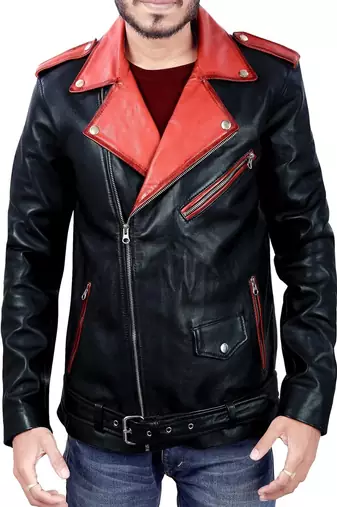 Qawach men's genuine black lambskin leather red collar zipper jacket
