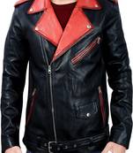 Qawach men's genuine black lambskin leather red collar zipper jacket
