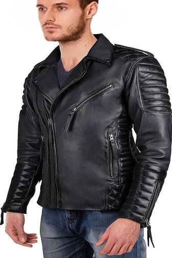 Qawach men's genuine black zipper lambskin quilted design leather jacket
