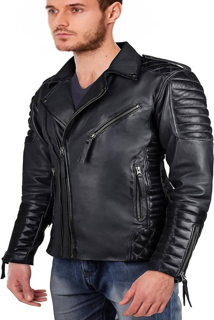 Qawach men's genuine black zipper lambskin quilted design leather jacket