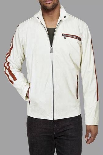 Qawach men's white genuine leather biker jacket lambskin red strip jacket