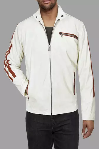 Qawach men's white genuine leather biker jacket lambskin red strip jacket