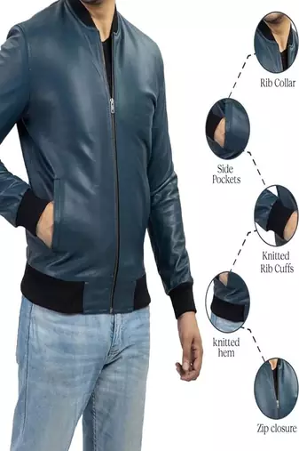 Qawach men's genuine blue rib collar leather motorcycle biker jacket lambskin
