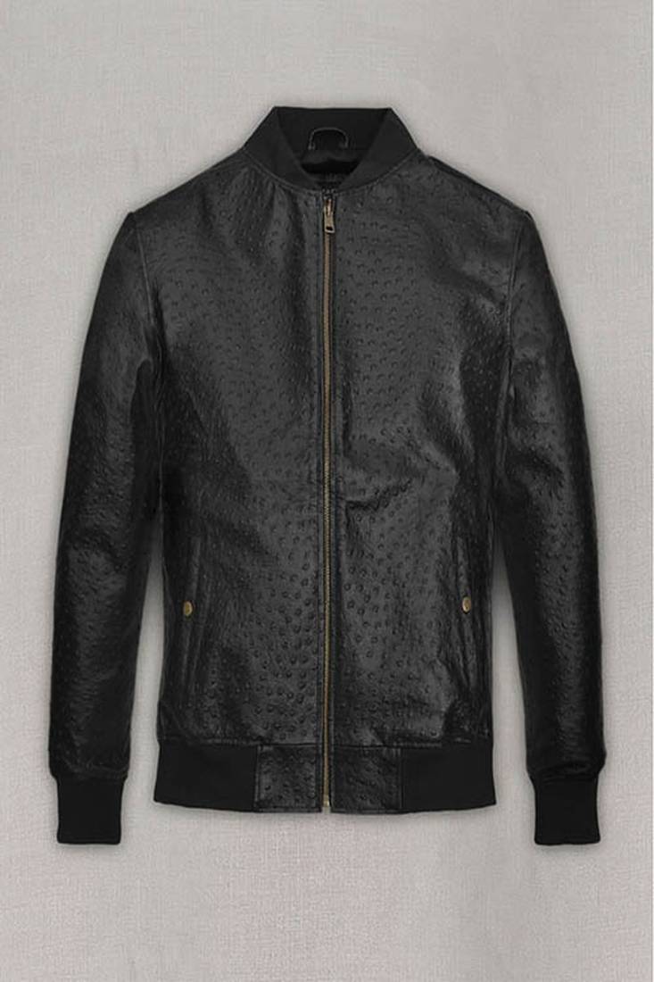 Qawach men's genuine black dotted rib collar leather motorcycle biker jacket