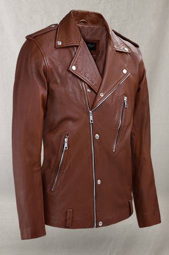 Qawach men's genuine brown leather motorcycle biker jacket lambskin jacket
