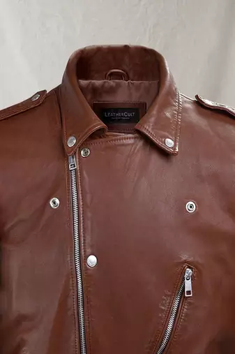 men's brown lambskin leather biker jacket classic moto zip style elite