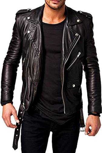 Qawach men's genuine black motorcycle biker jacket lambskin jacket