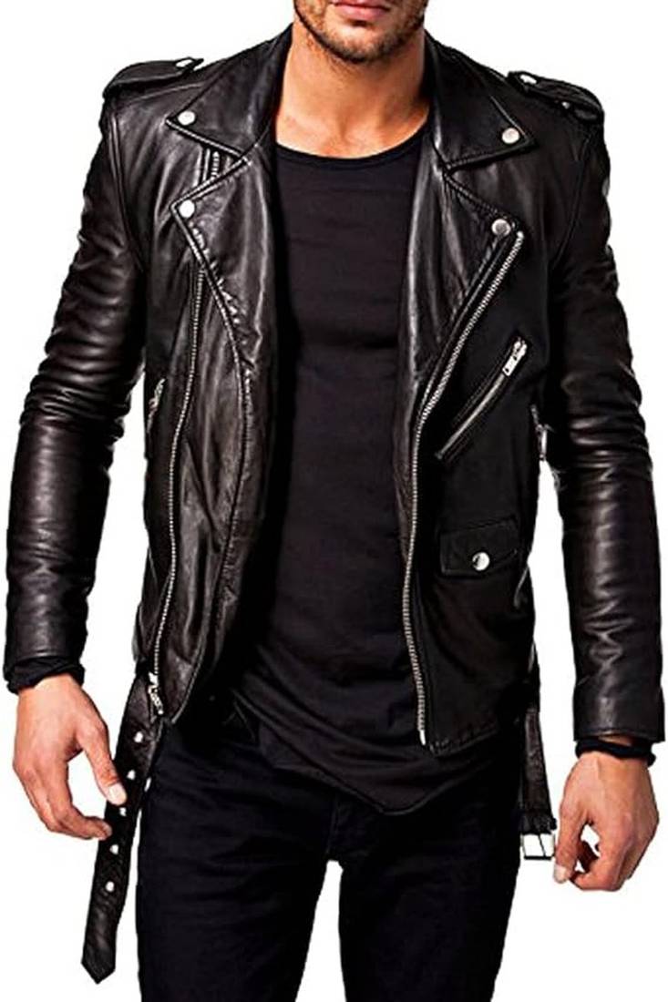 Qawach men's genuine black motorcycle biker jacket lambskin jacket