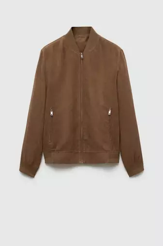 Qawach men's brown suede genuine leather jacket rib collar vintage bomber
