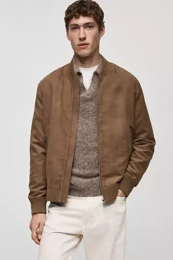 Qawach men's genuine brown suede leather jacket rib collar vintage bomber