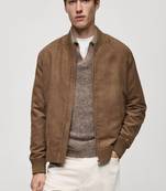 Qawach men's genuine brown suede leather jacket rib collar vintage bomber
