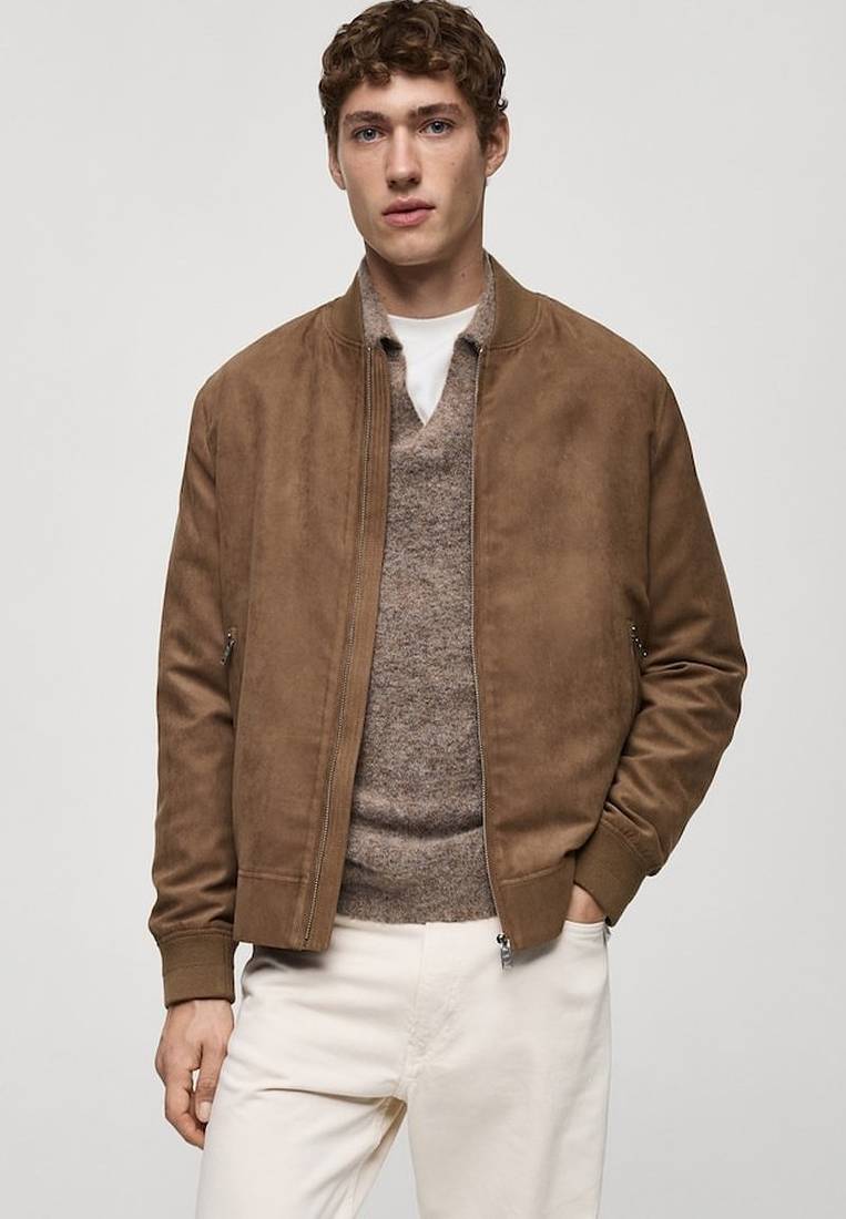 Qawach men's genuine brown suede leather jacket rib collar vintage bomber