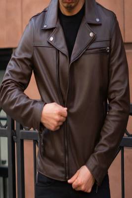men's brown lambskin leather biker jacket classic moto zip style select 2