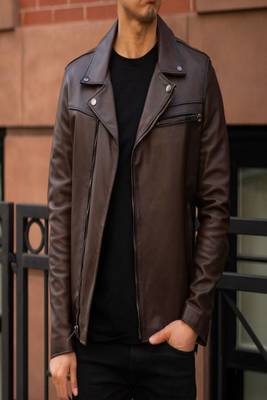 men's brown lambskin leather biker jacket classic moto zip style select 4