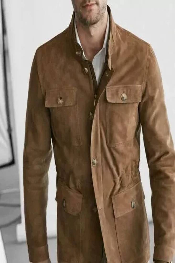 Qawach men's genuine suede brown  leather jacket vintage look