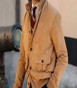 Qawach men's genuine suede brown rib cuff leather jacket vintage look