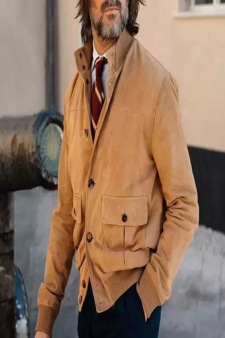 Qawach men's genuine suede brown rib cuff leather jacket vintage look