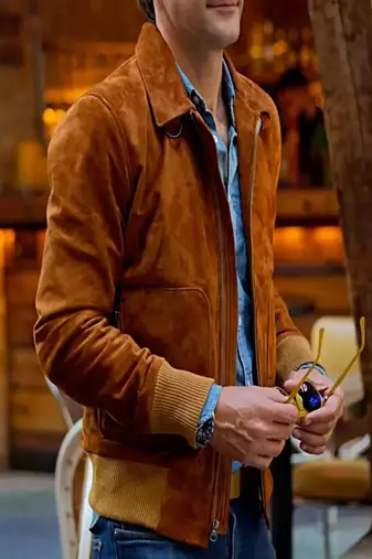 Qawach men's genuine suede brown collar leather jacket vintage look