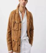 Qawach men's genuine suede leather brown collar  jacket vintage style