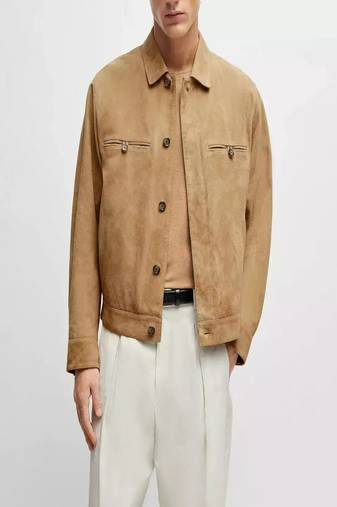 Qawach men's genuine suede leather brown collar jacket button style