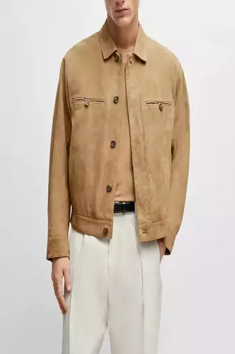 Qawach men's genuine suede leather brown collar jacket button style