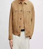 Qawach men's genuine suede leather brown collar jacket button style