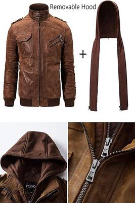 men's brown premium lambskin leather jacket hooded biker silhouette 1