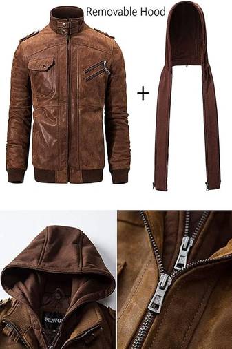 Qawach men's genuine lambskin leather brown collar hoodie jacket
