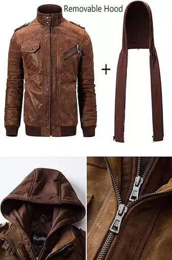 Qawach men's genuine lambskin leather brown collar hoodie jacket