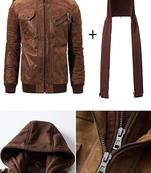 Qawach men's genuine lambskin leather brown collar hoodie jacket