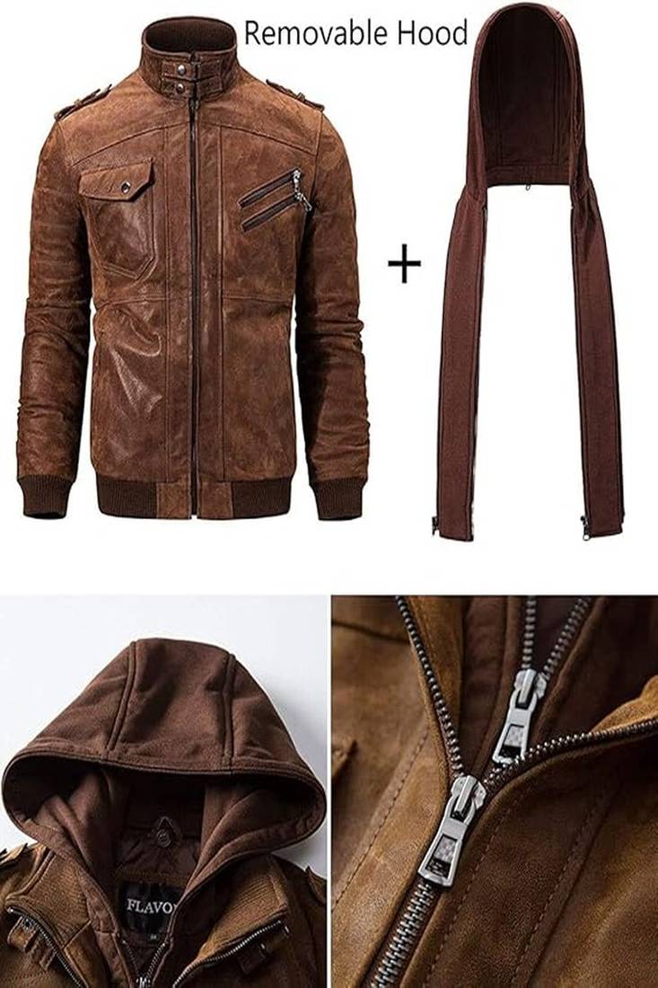 Qawach men's genuine lambskin leather brown collar hoodie jacket