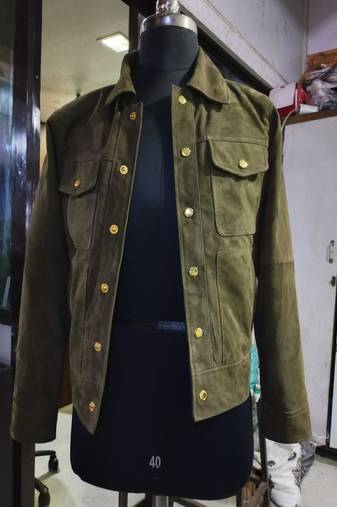 Qawach men's  green suede leather collar jacket button style