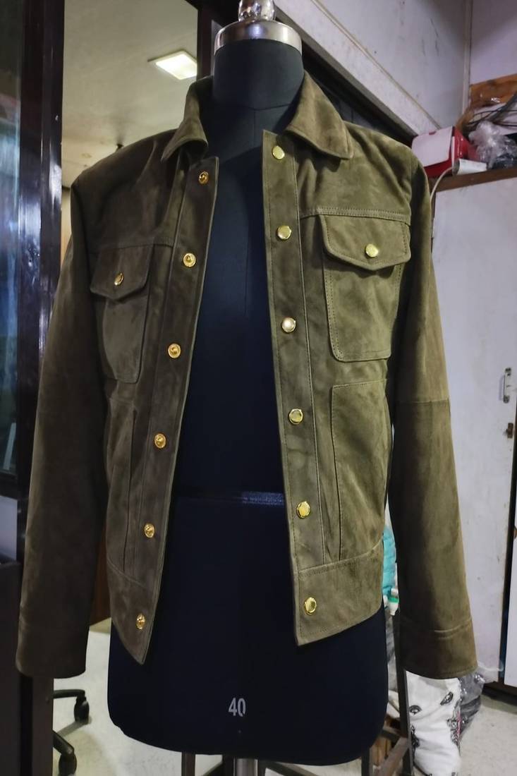 Qawach men's  green suede leather collar jacket button style